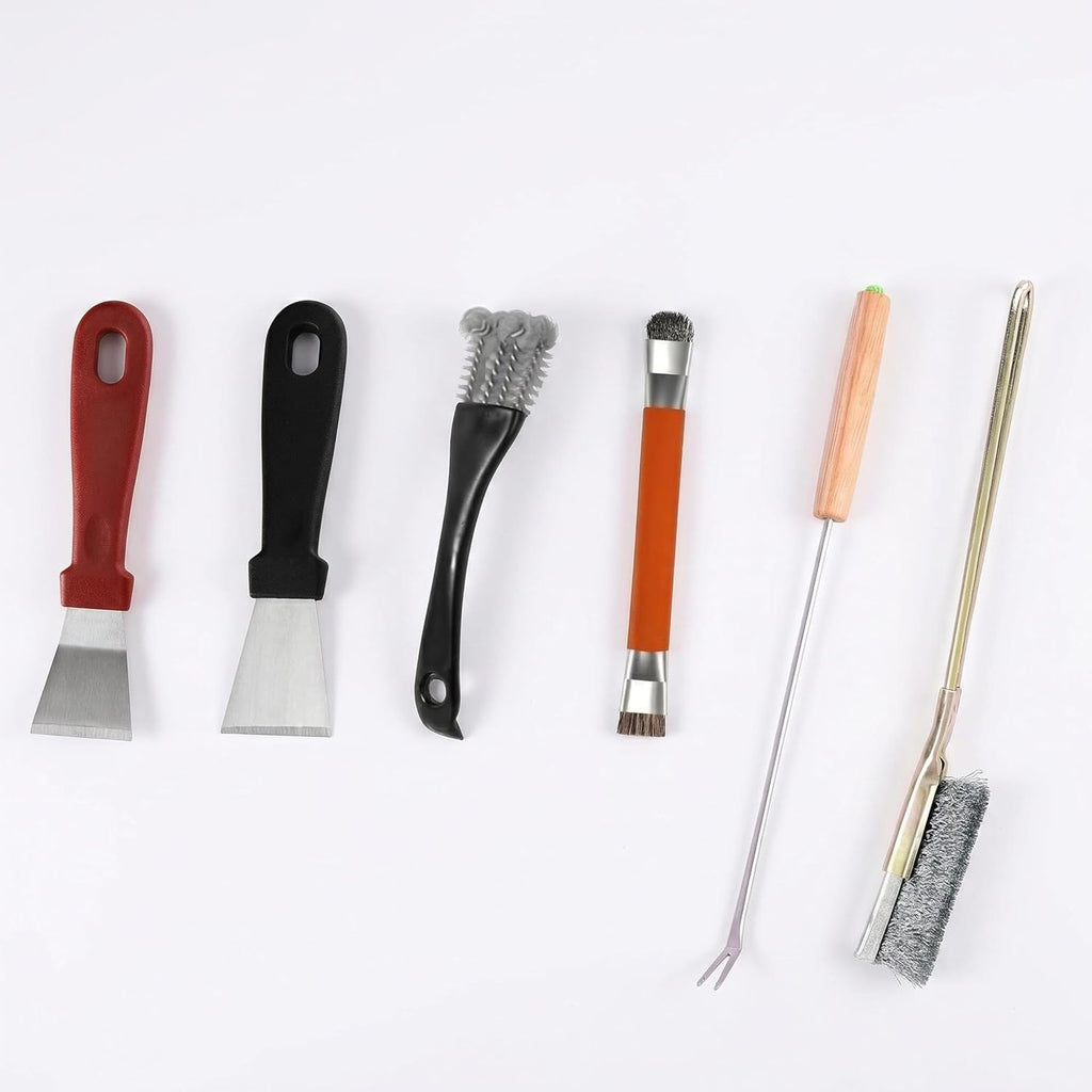 ACOGEDO bird cage cleaner brush kit front view showcasing six cleaning tools.