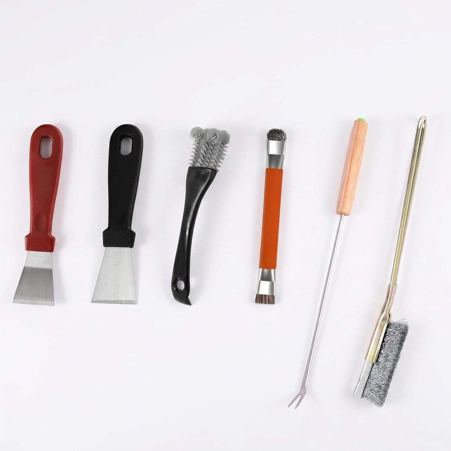 ACOGEDO bird cage cleaner brush kit front view showcasing six cleaning tools.