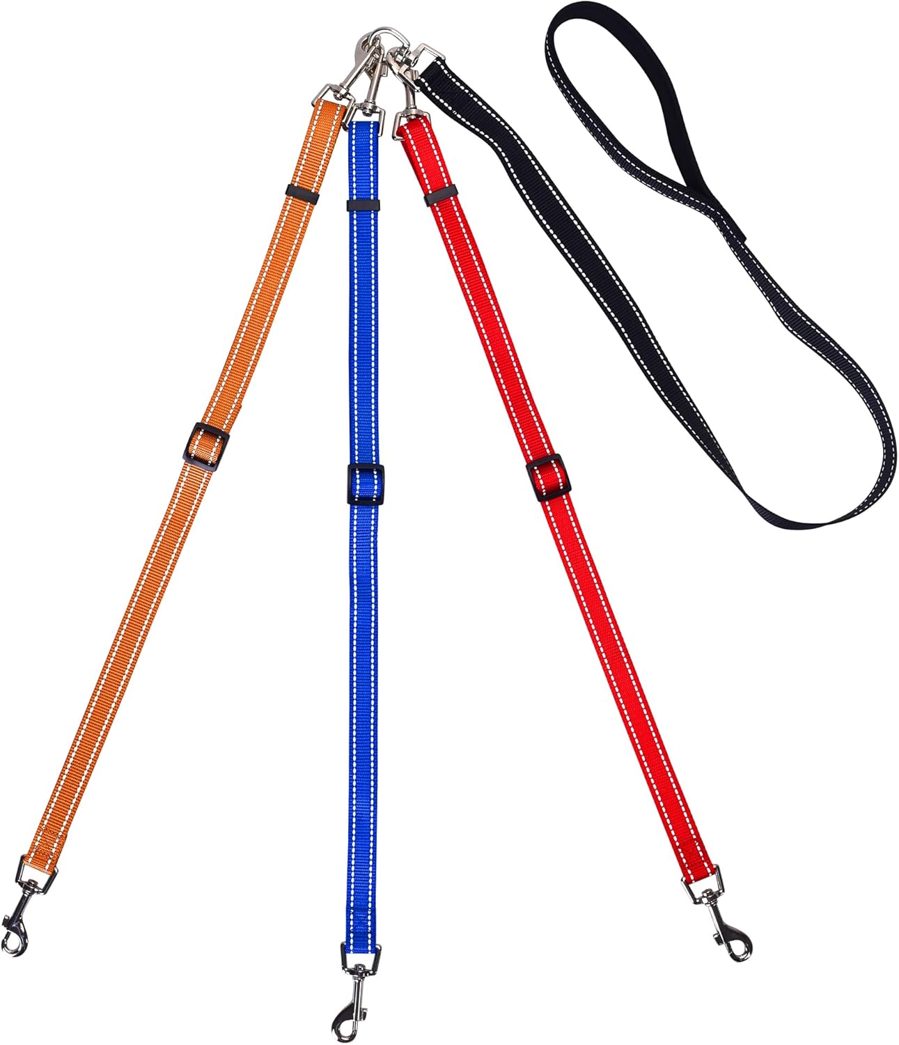 MoSANY 3 way dog leash front view showing reflective nylon straps and multi-color pattern.