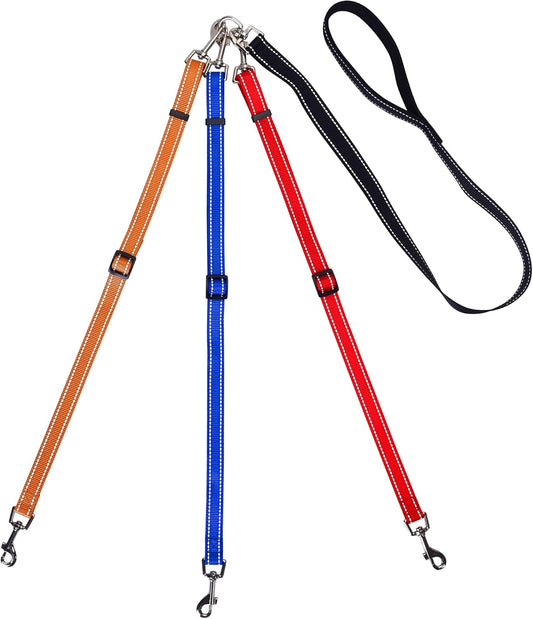 MoSANY 3 way dog leash front view showing reflective nylon straps and multi-color pattern.