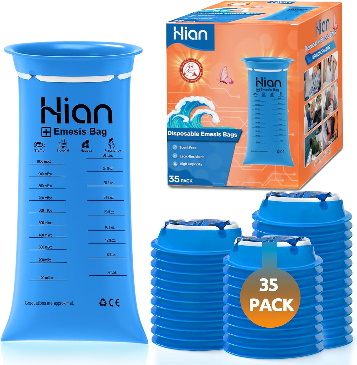 Hion disposable vomit bags thirty-five pack retail box front view showcasing authentic packaging.