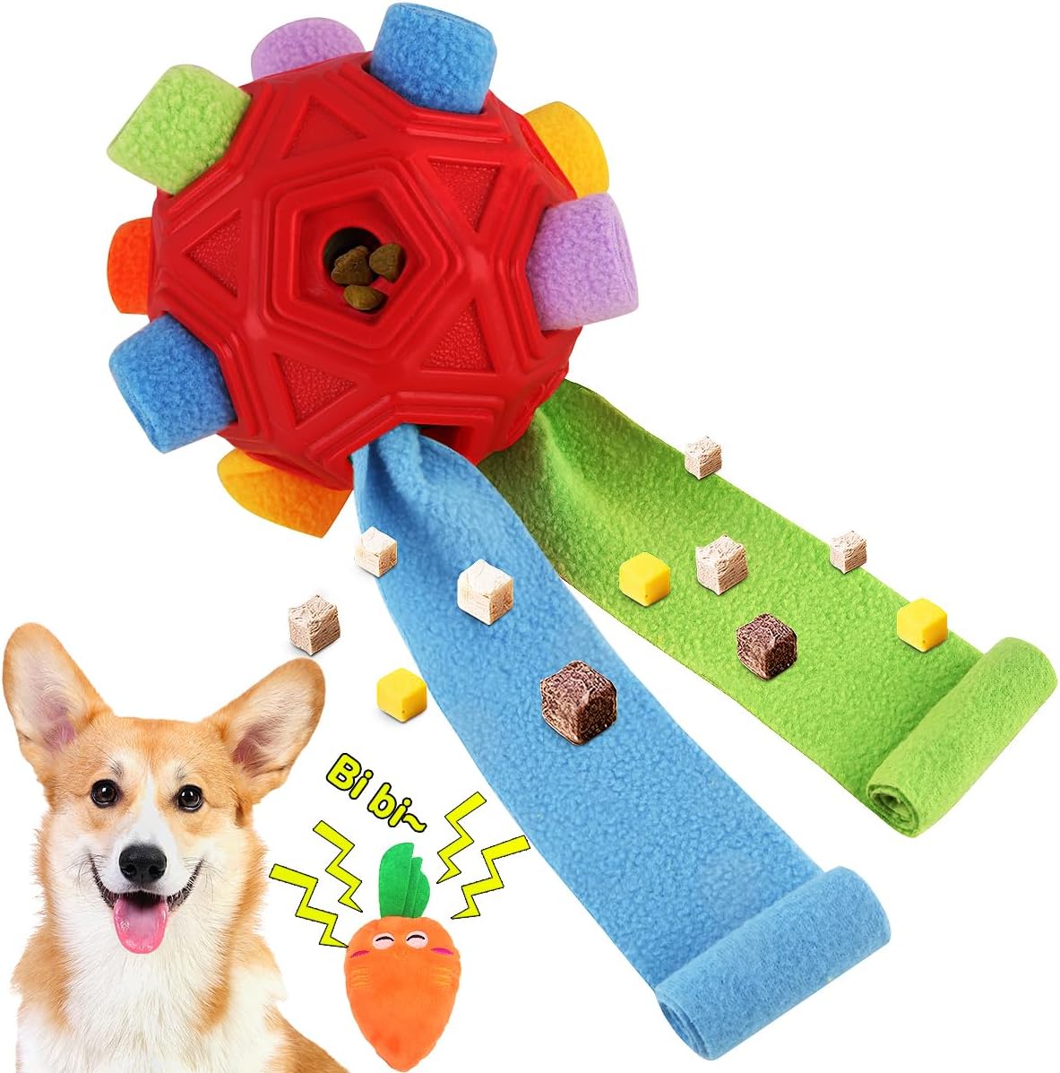 Dog Snuffle Ball-Interactive Puzzle Dog Toys Encourage Natural Foraging Skills Slow Feeder for Training and Stress Relief, Cloth Strip Hiding Food Dog Toys with Squeaky Carrot Toy for Any Size - Image 9
