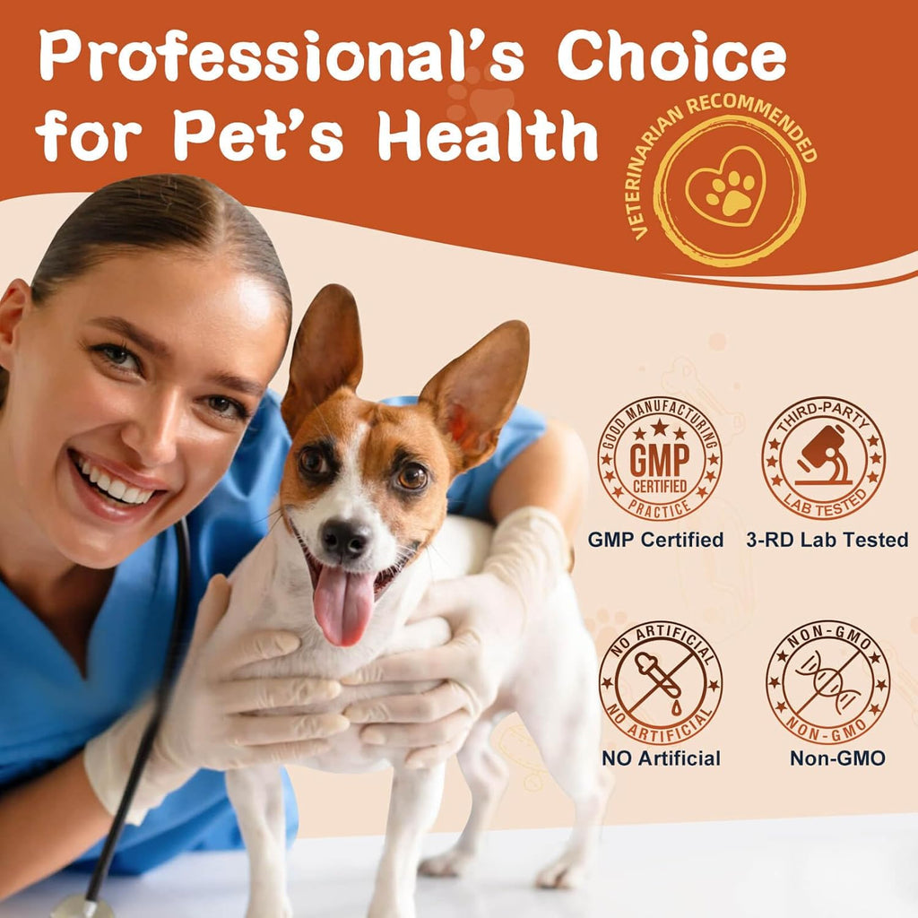 USA imported allergy free dog digestive enzymes and prebiotics supplement container close up.