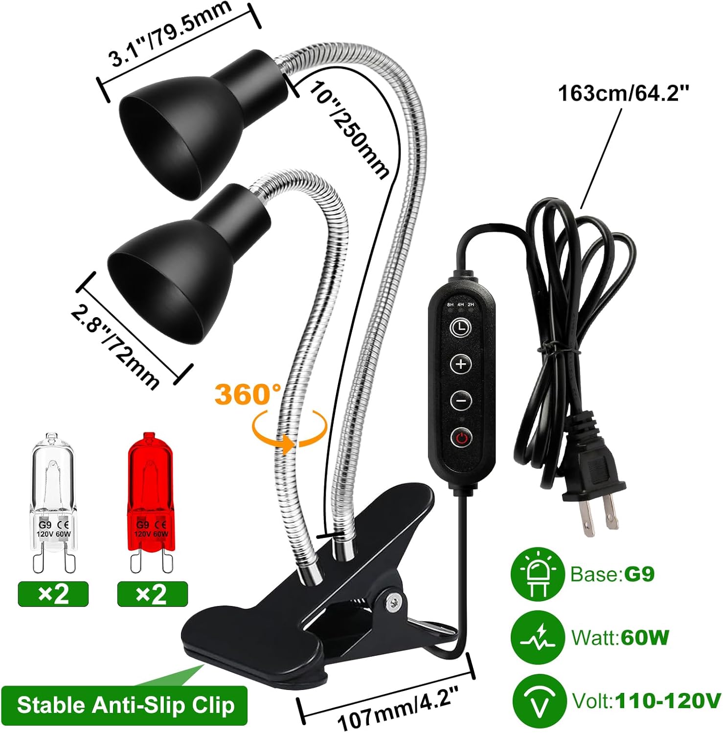 Heat Lamp for Reptile,UVA UVB Light for Turtle,Bearded Dragon Basking Light Bulbs,Dimmable 360 degreesGooseneck UV Heating Lamp W/ G9 Mini Halogen Bulbs 60W (White*2Red*2) for Tortoise/Snake/Lizard - Image 6