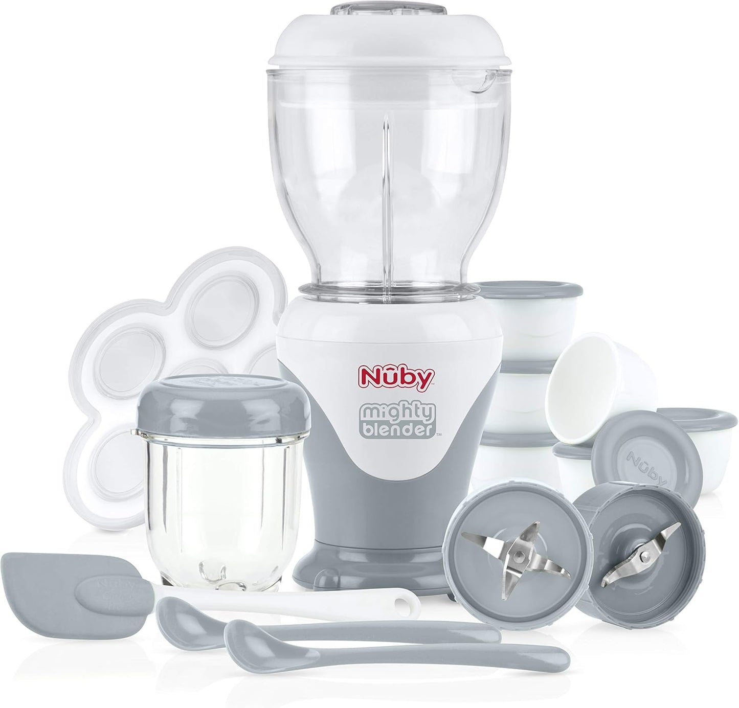 Nuby Mighty Blender baby food maker set front view with power base and mixing bowls.