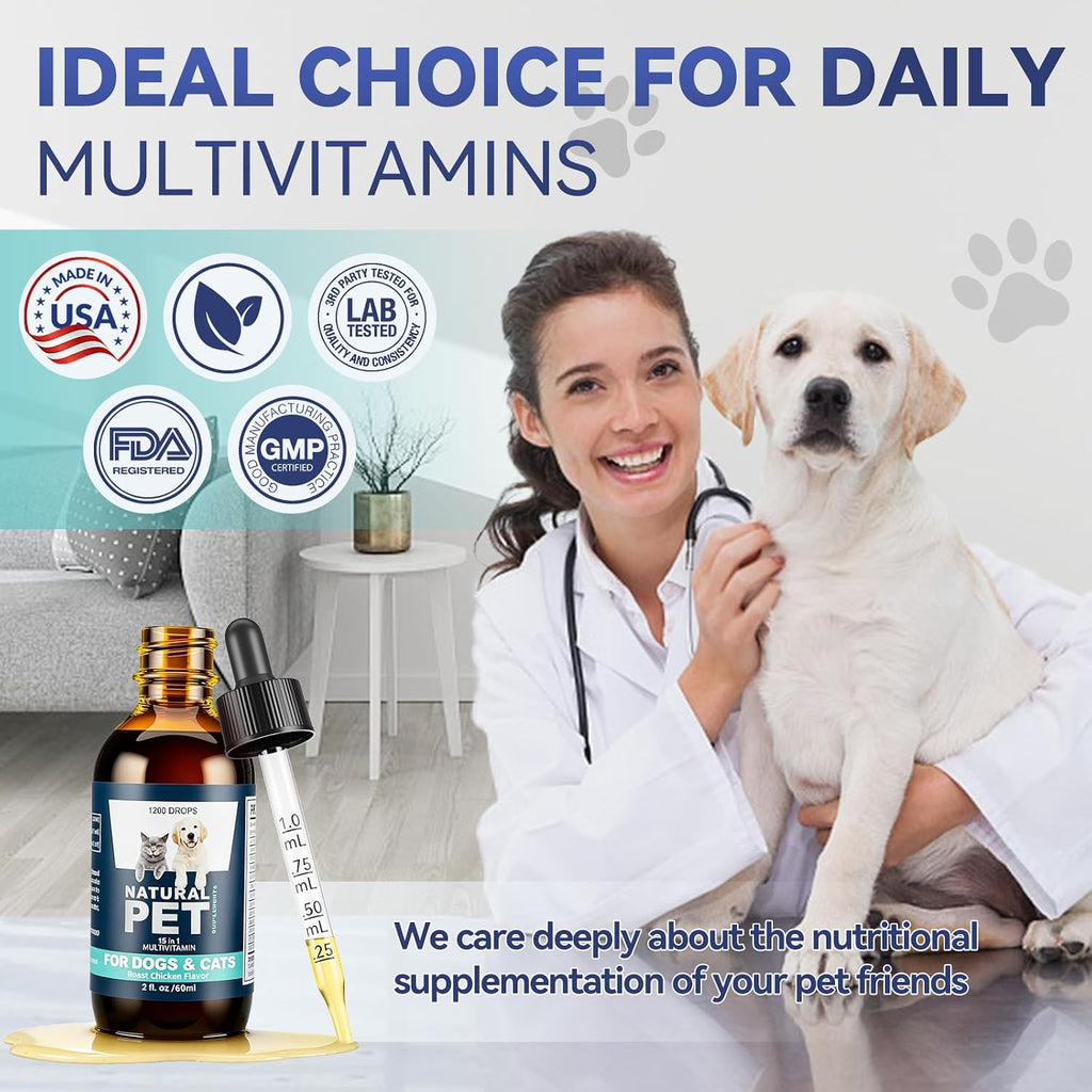 Complete product set of PIOUOK 15 in 1 natural pet liquid formula highlighting the 1200 drops capacity.