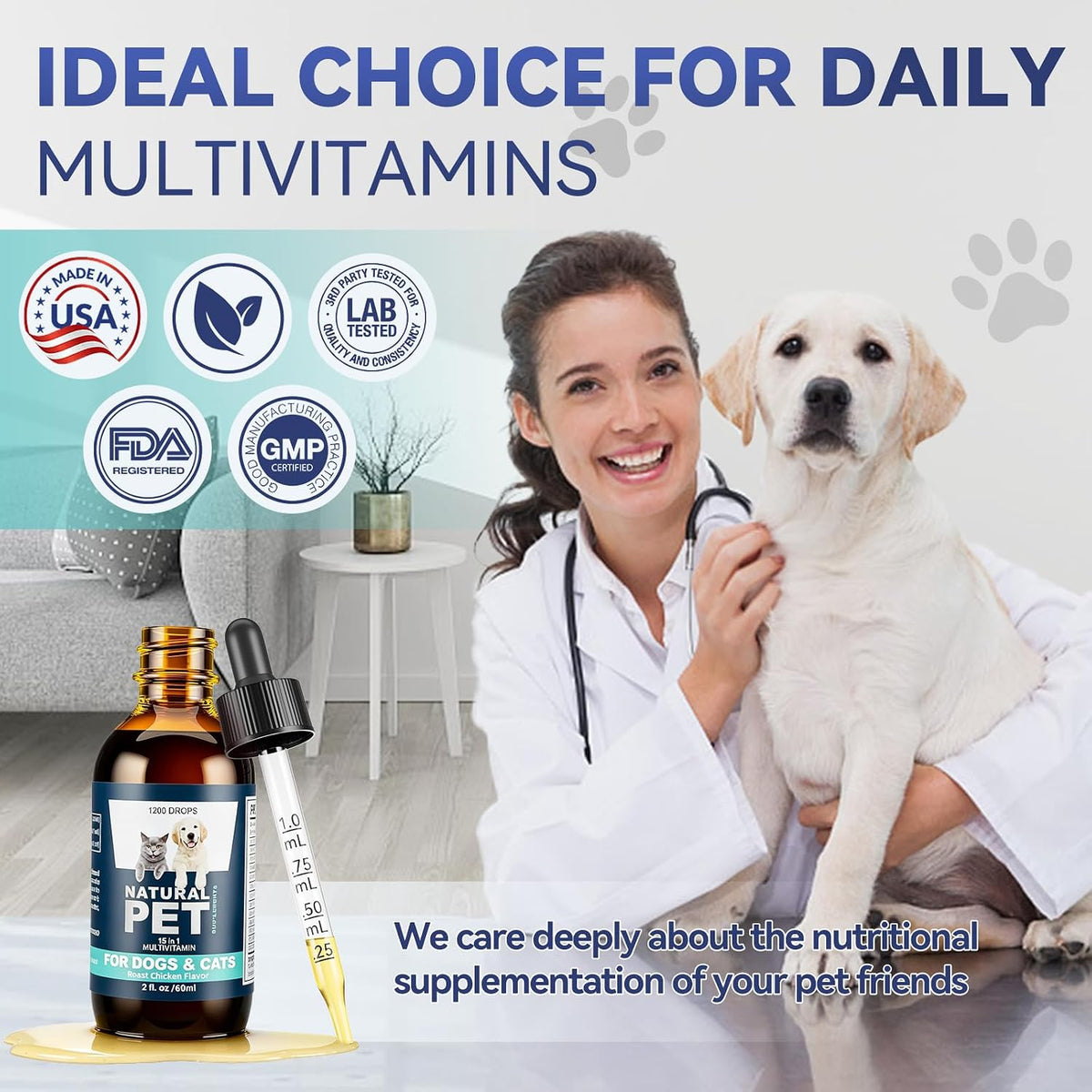 Complete product set of PIOUOK 15 in 1 natural pet liquid formula highlighting the 1200 drops capacity.