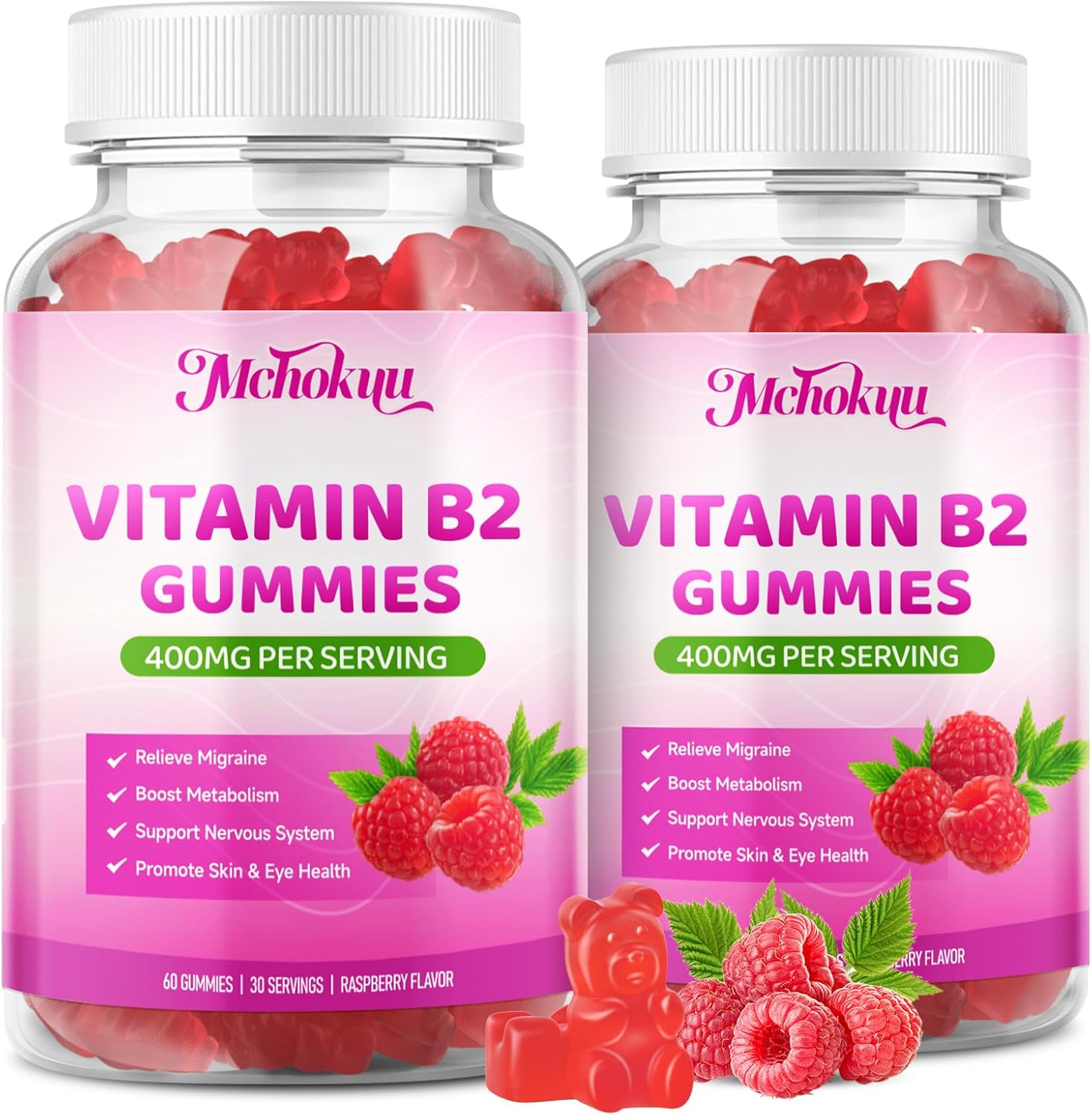 Mchokuu Vitamin B2 400mg Magnesium Gummies front view bottle for migraine relief