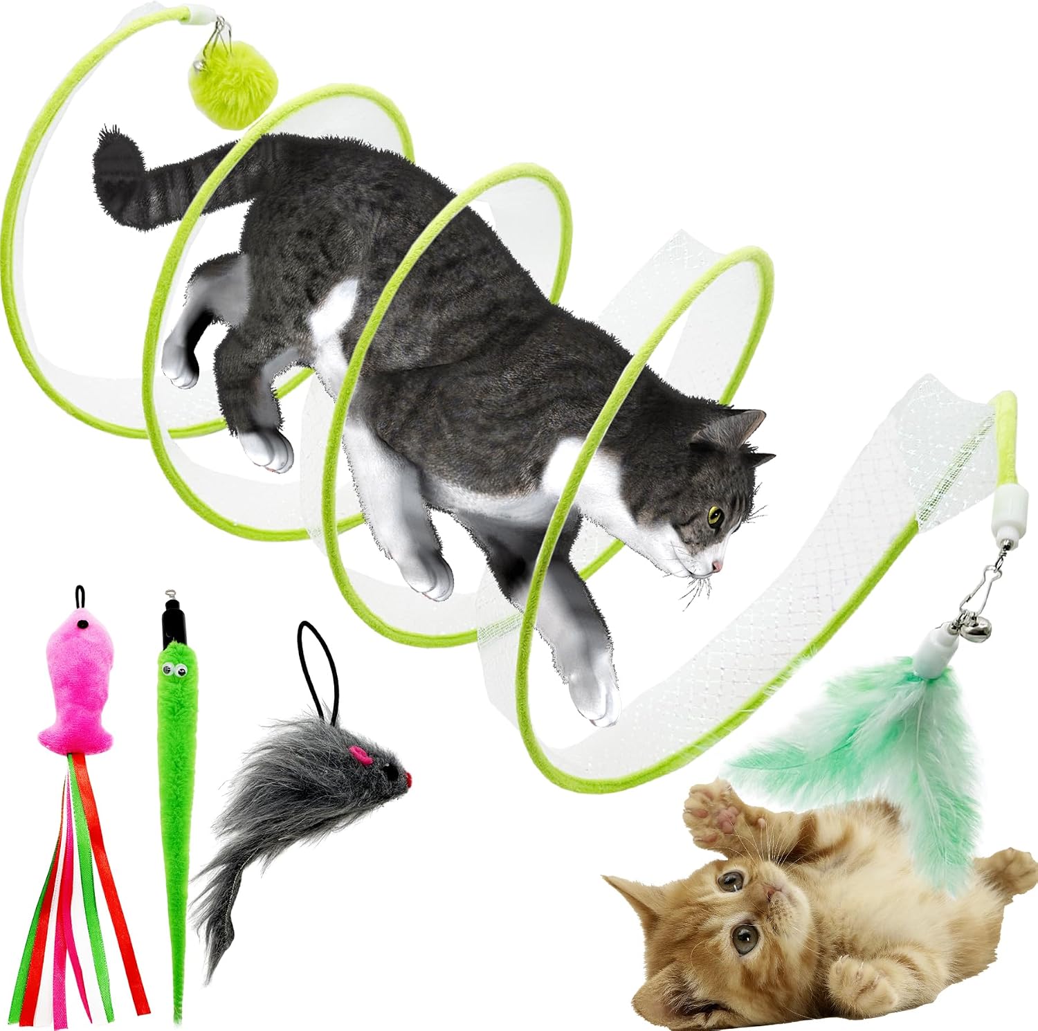 CATENEED self play cat hunting spiral tunnel toy front view green interactive tube