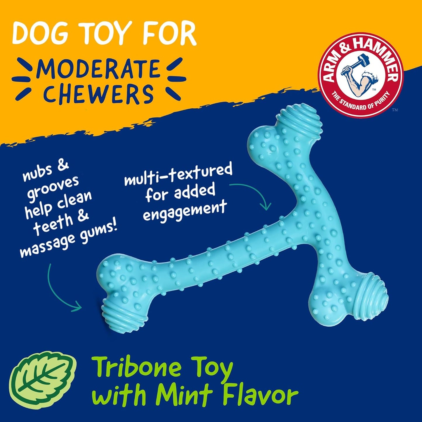 Blue T-bone shaped dog chew toy with textured nubs