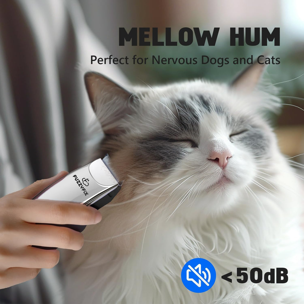 FuzzyFix electric cat shaver being used gently on matted long fur near paws.
