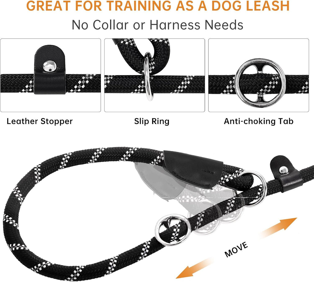 Keittpeet anti choke slip lead rope showing the woven reflective safety threads in low light.