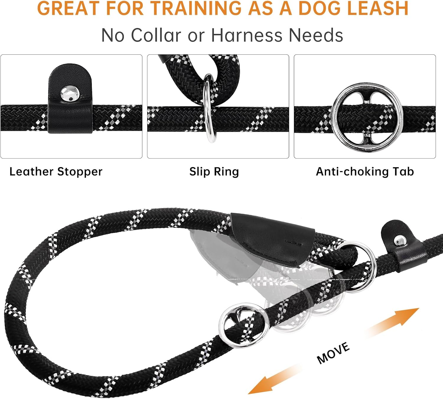 Keittpeet anti choke slip lead rope showing the woven reflective safety threads in low light.
