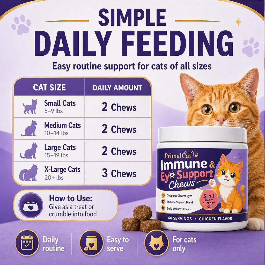 Authentic USA imported PrimalCat packaging with sixty soft chews count label