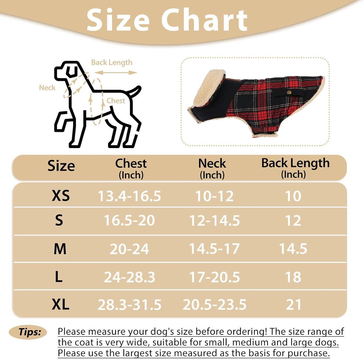Small dog wearing red plaid windproof winter jacket