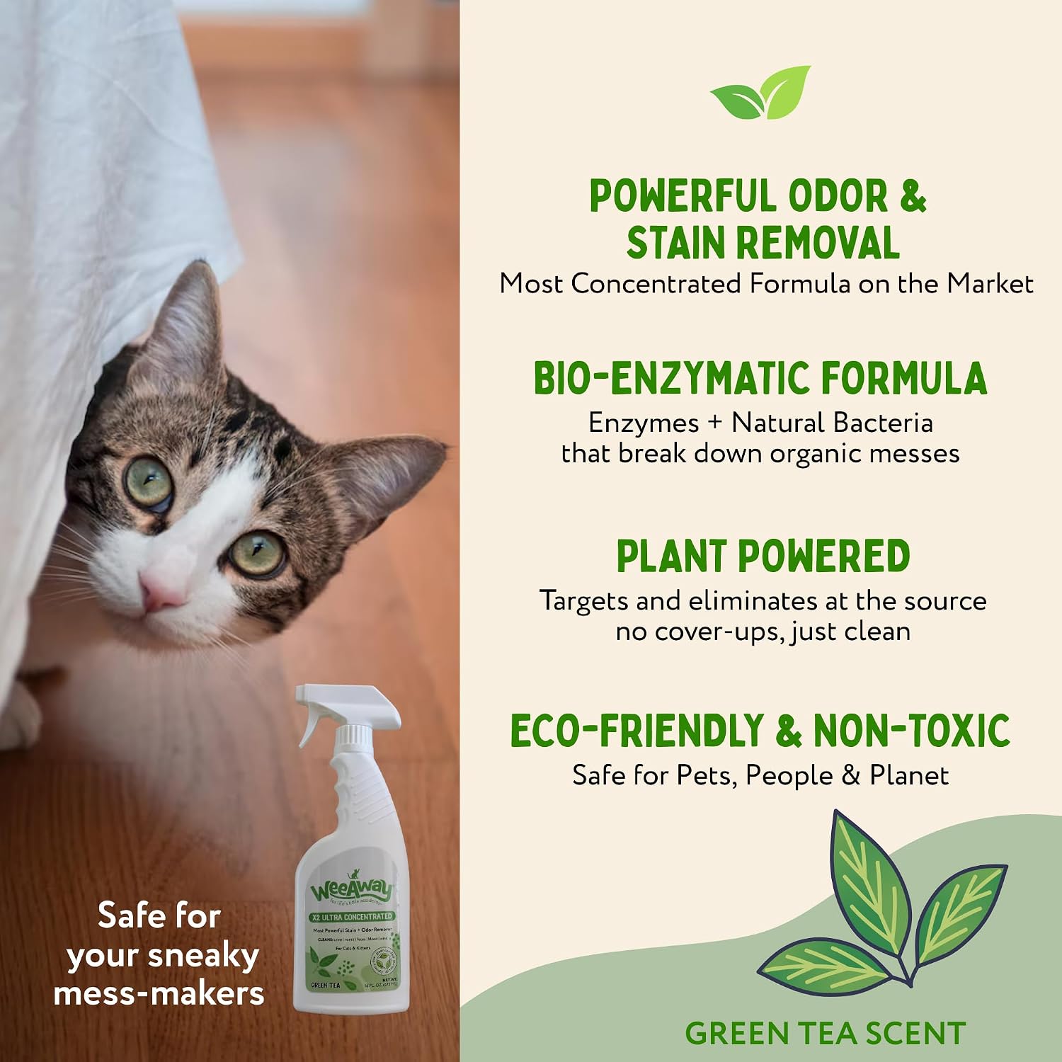 Wee Away X2 green tea scent pet urine odor eliminator on a fabric sofa