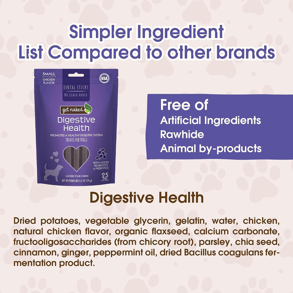 Close up view of Get Naked chicken flavor functional dental sticks for canine gut health