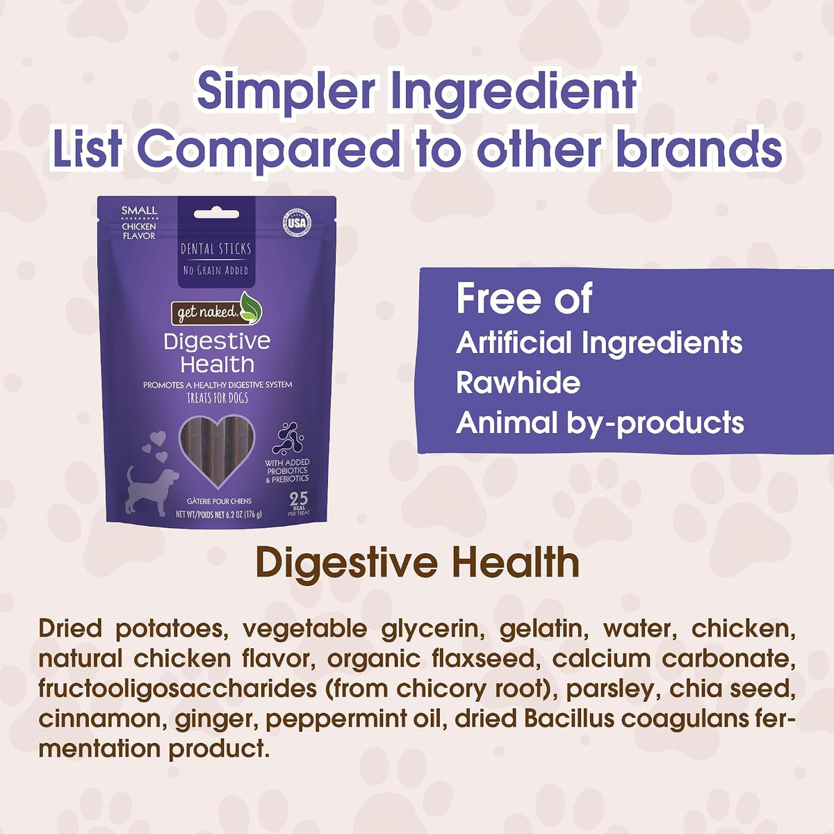 Close up view of Get Naked chicken flavor functional dental sticks for canine gut health