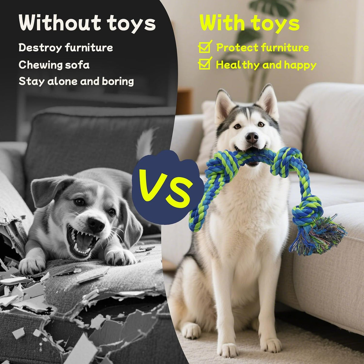 Rocfish four pack durable pet toys displaying different knot counts and lengths.