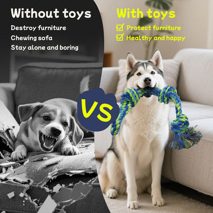 Rocfish four pack durable pet toys displaying different knot counts and lengths.