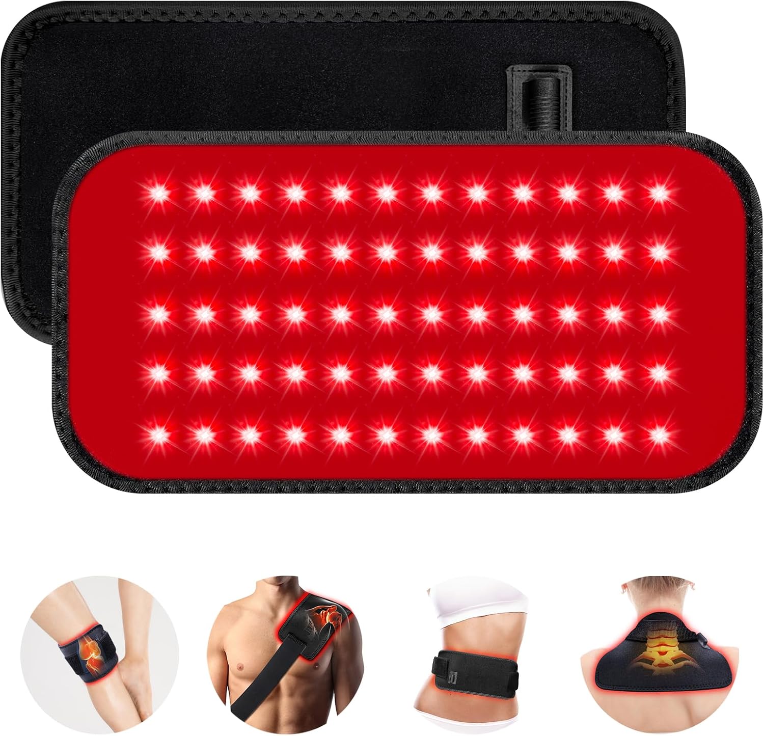 GMOWNW Red Light Therapy Belt front view showing sixty glowing LED beads for body wellness.