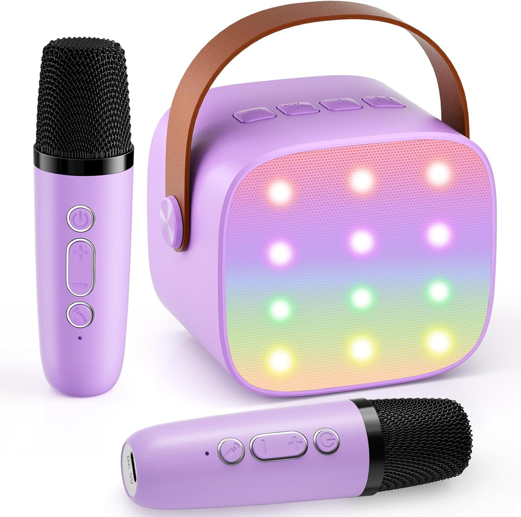 Voijump mini karaoke machine front view showing purple speaker mesh with glowing LED lights