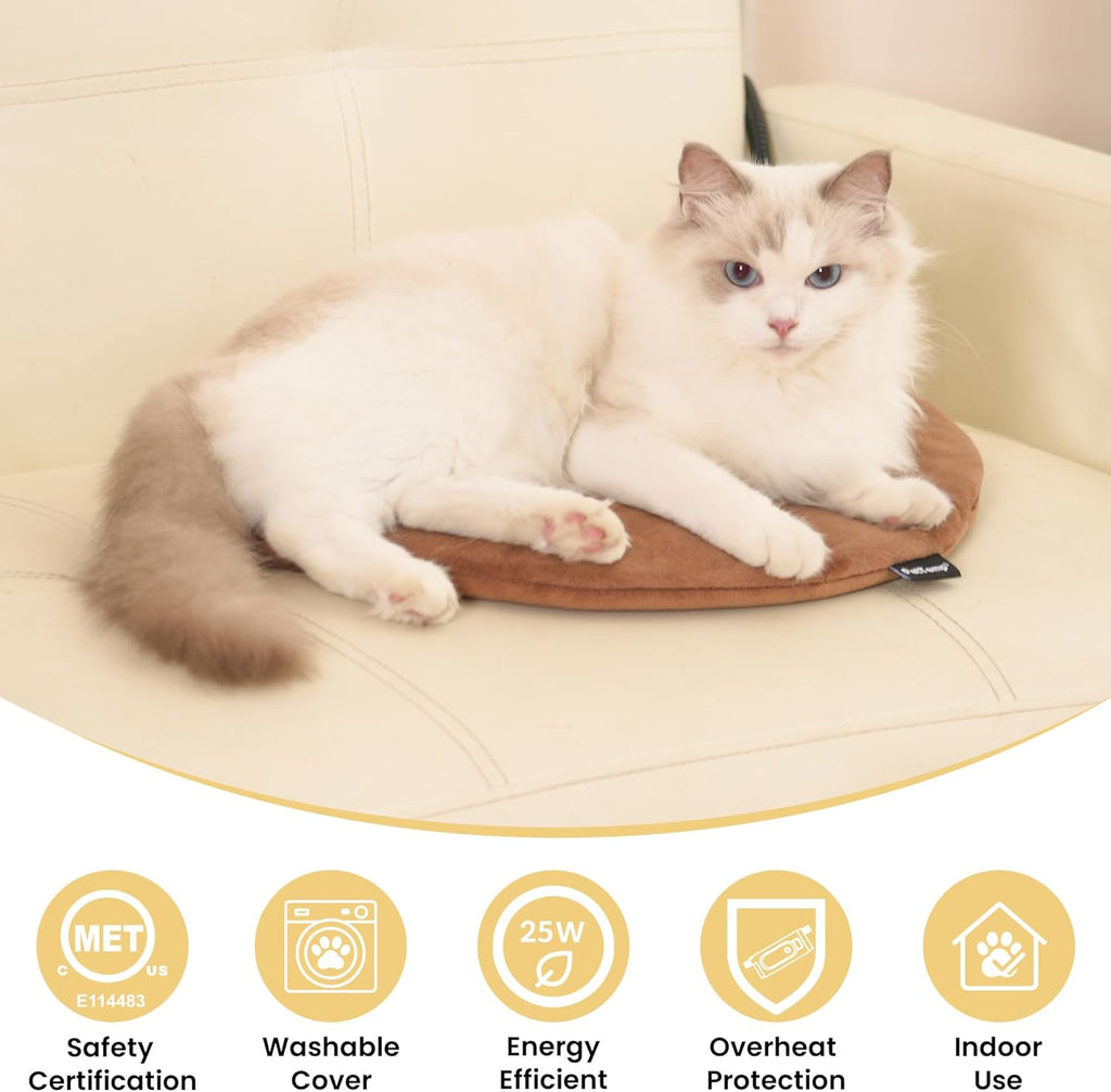 Round 16 inch heated pet blanket inside a sheltered outdoor cat house.