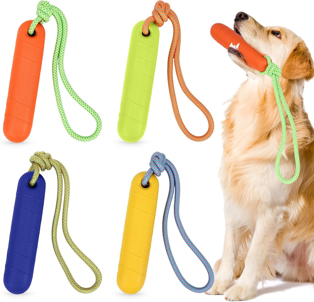 Skylety 4 Pack Floating Dog Toys with Rope Handle front view showcasing four high visibility colors for water fetch training.