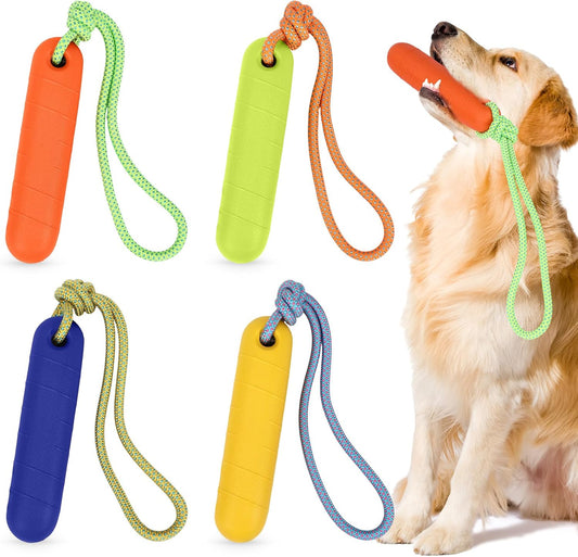 Skylety 4 Pack Floating Dog Toys with Rope Handle front view showcasing four high visibility colors for water fetch training.