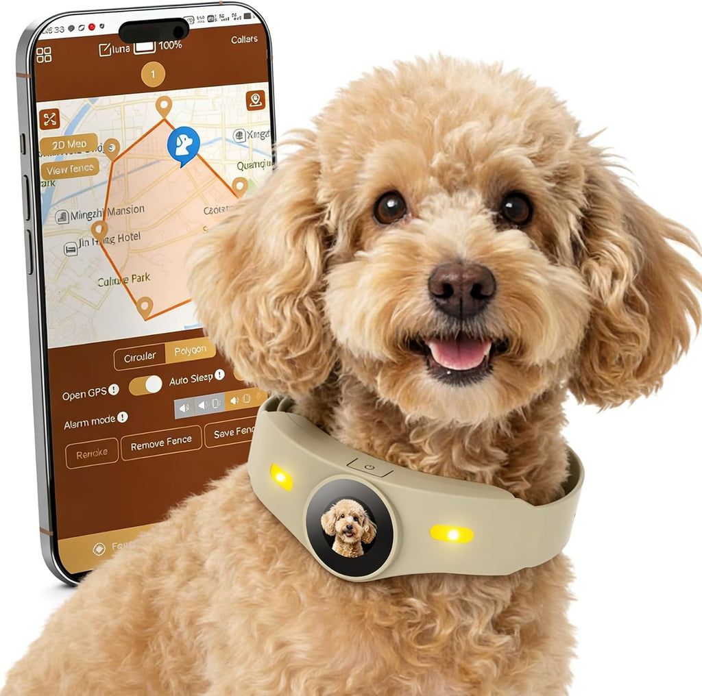 Wireless pet containment collar illustrating satellite connection and boundary tracking radius