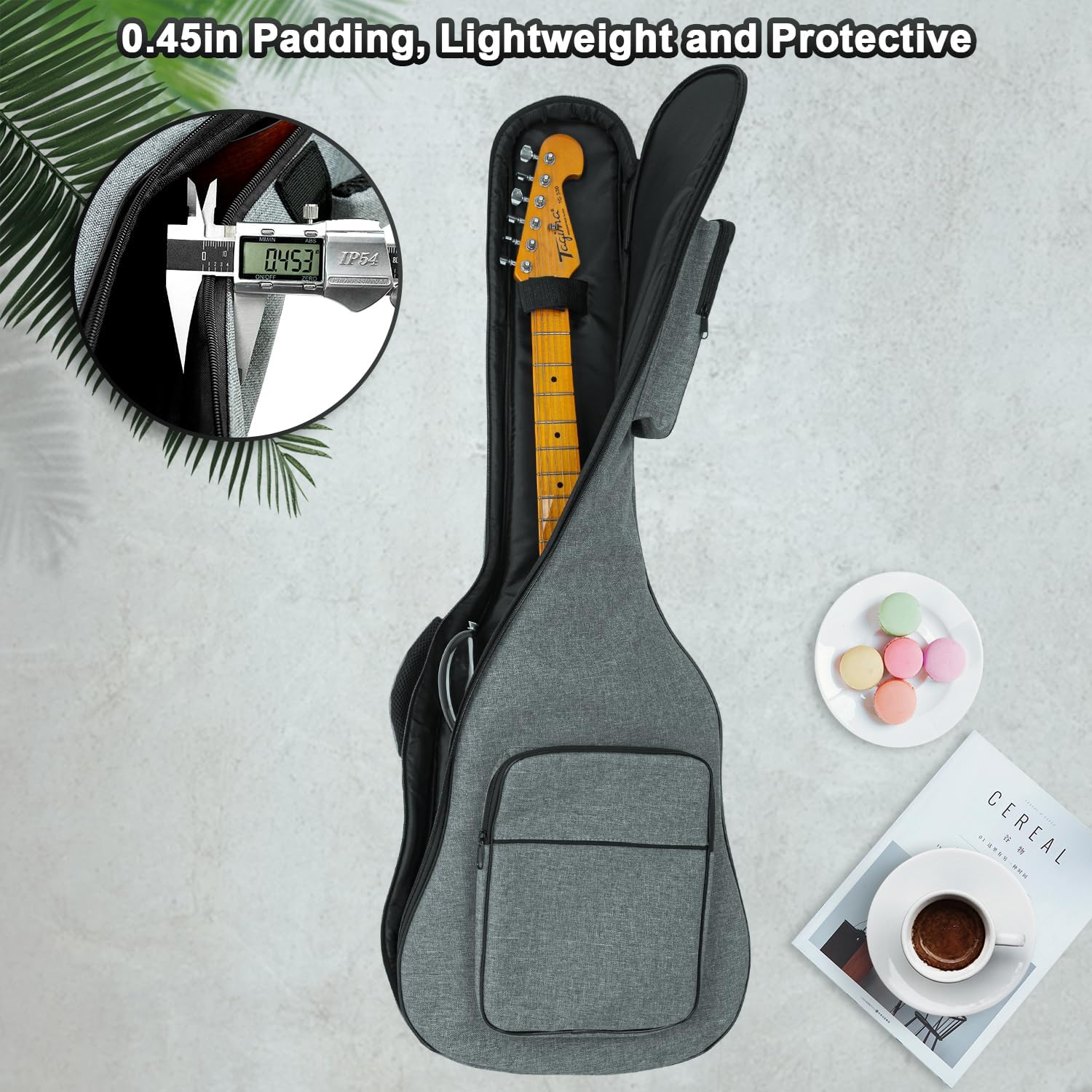MUZNOTE gig bag close up of the eleven point five millimeter thick padding and interior neck strap.