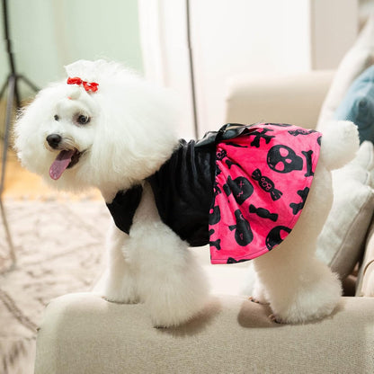 Pink Halloween skull print velvet dress for female Chihuahua and Yorkie