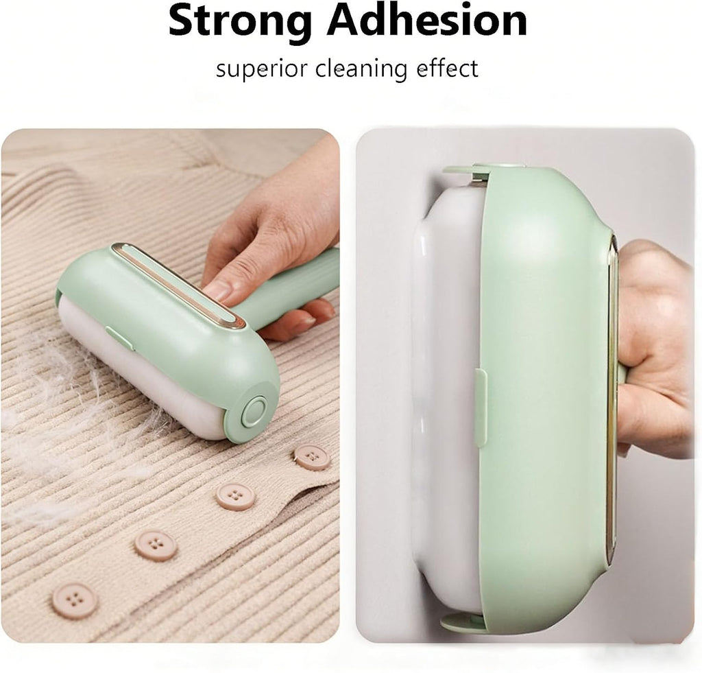 Green silicone pet hair remover brush rinsed under water for cat fur removal