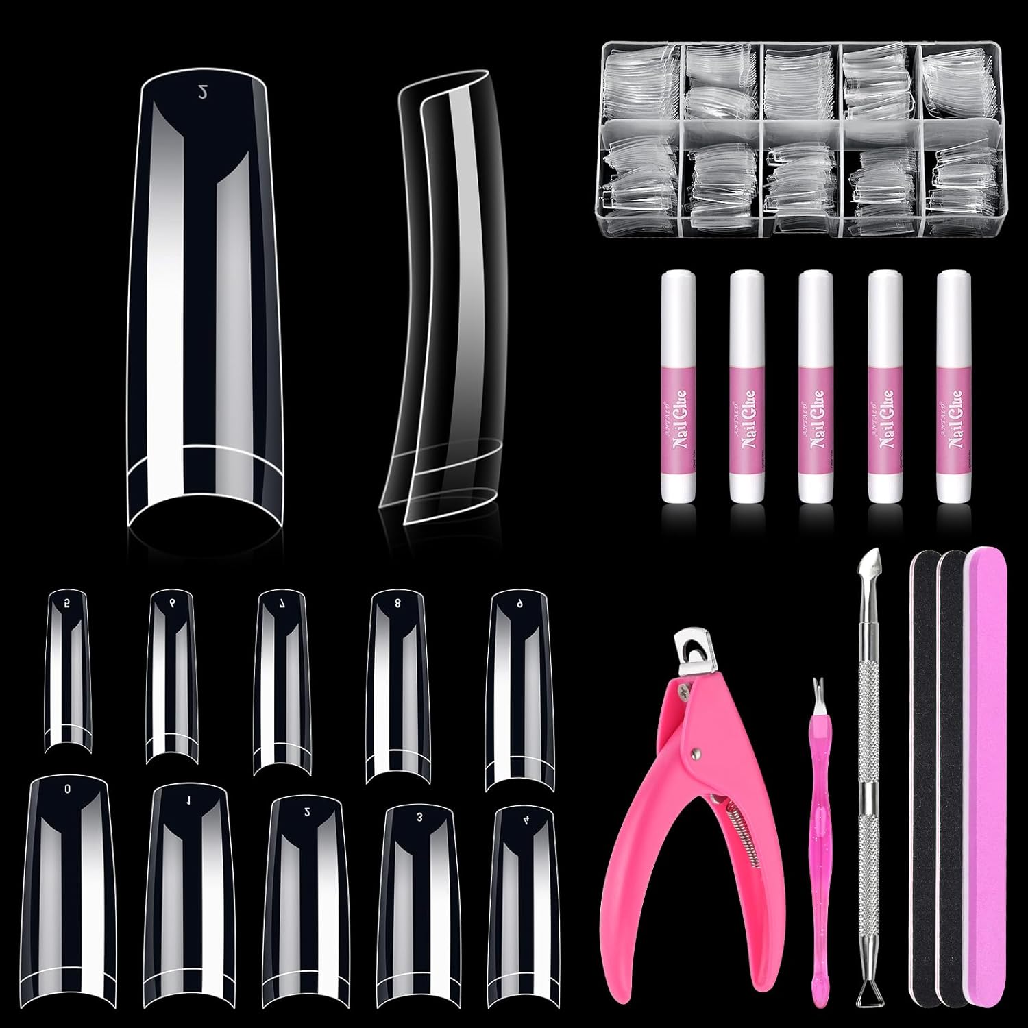 MORGLES Clear Acrylic Nail Tips 500 piece kit with glue and clipper