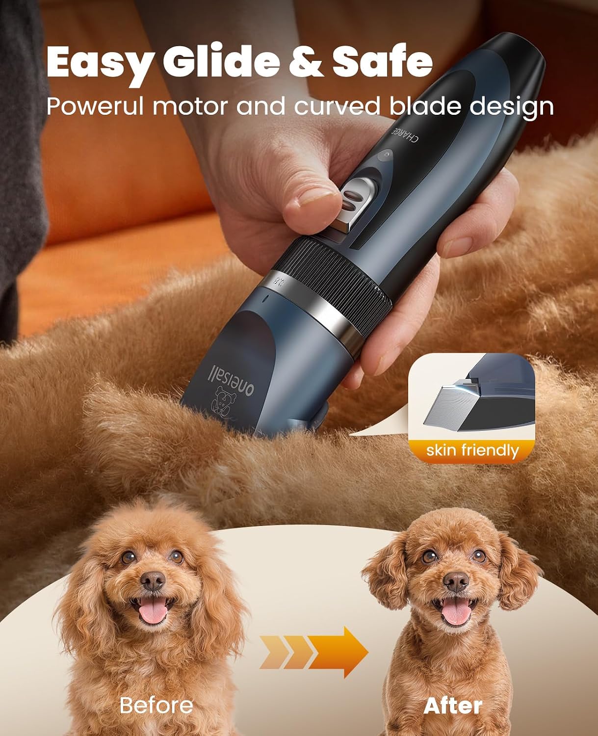 Oneisall quiet dog paw trimmer head being used on sensitive small areas
