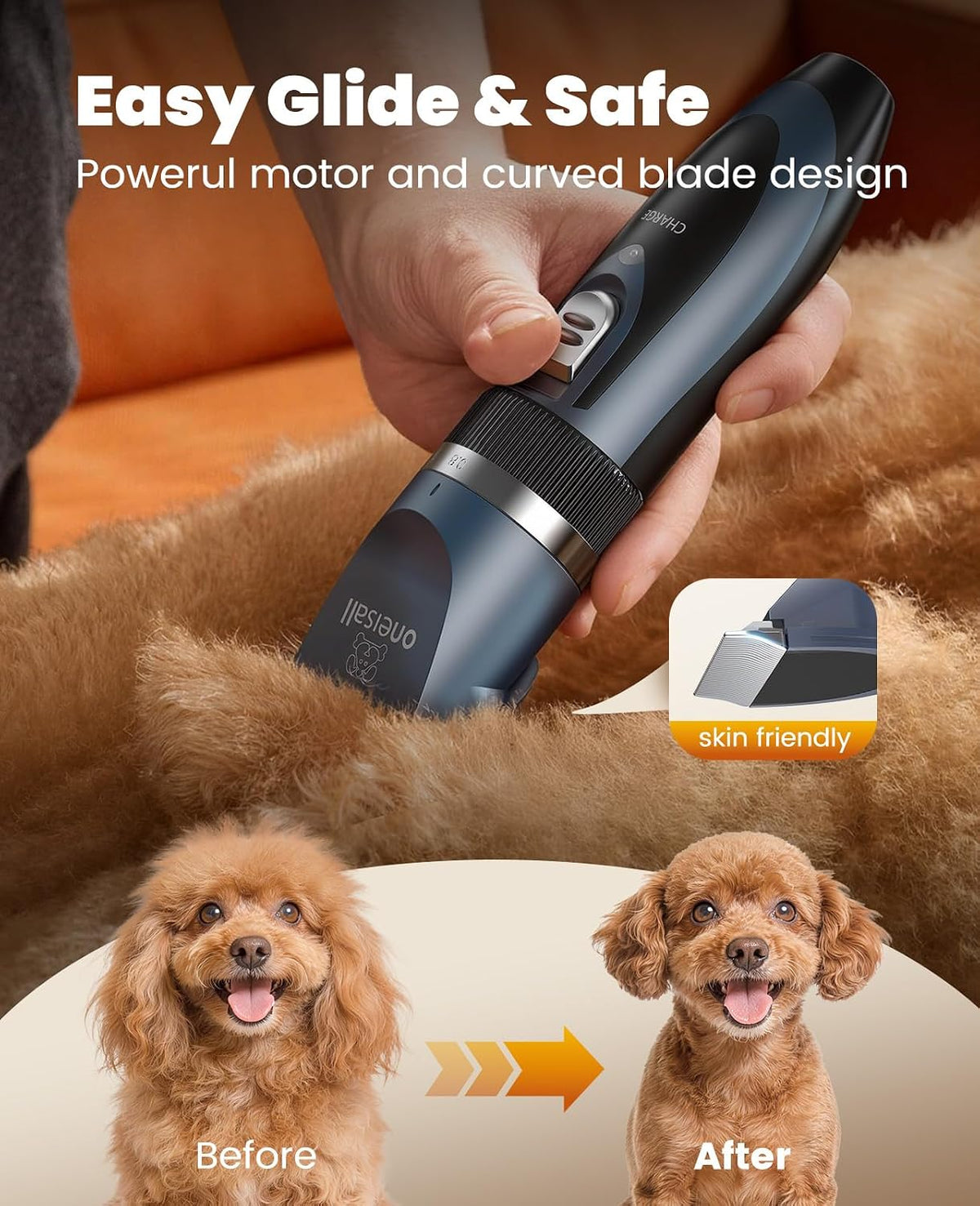 Oneisall quiet dog paw trimmer head being used on sensitive small areas