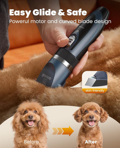 Oneisall quiet dog paw trimmer head being used on sensitive small areas