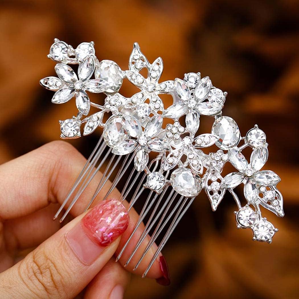 Foyte crystal wedding hair comb silver front view showcasing rhinestone flower design