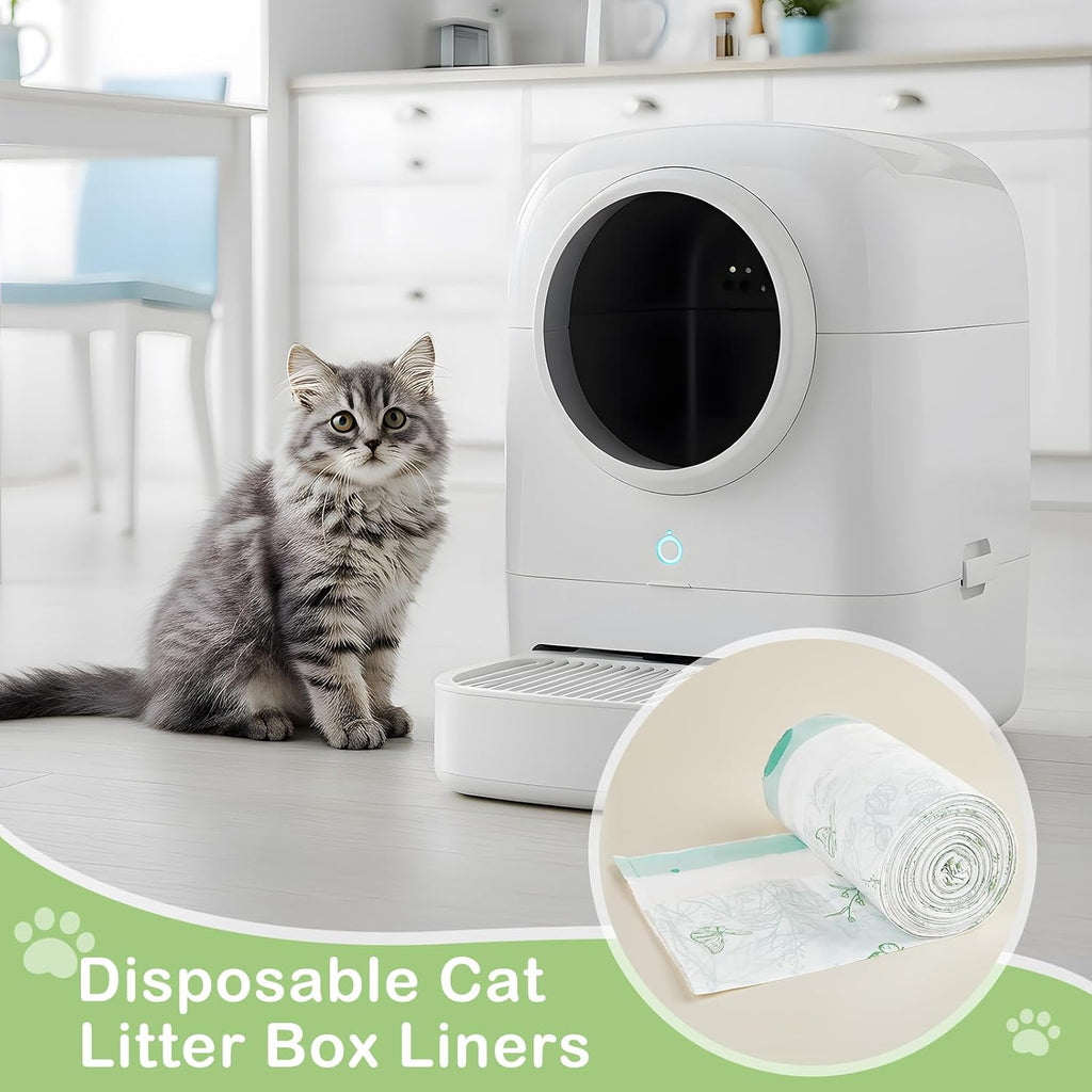 Glittme botanical printed pattern cat litter liners spread out to display total capacity dimensions.