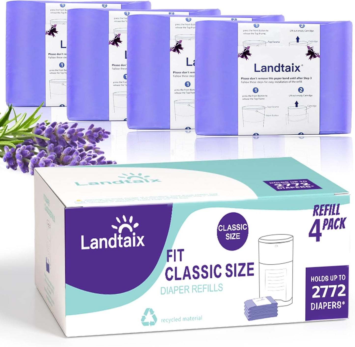 Landtaix Dekor Classic Diaper Pail Refills 4 Pack front packaging view showing lavender scent details.