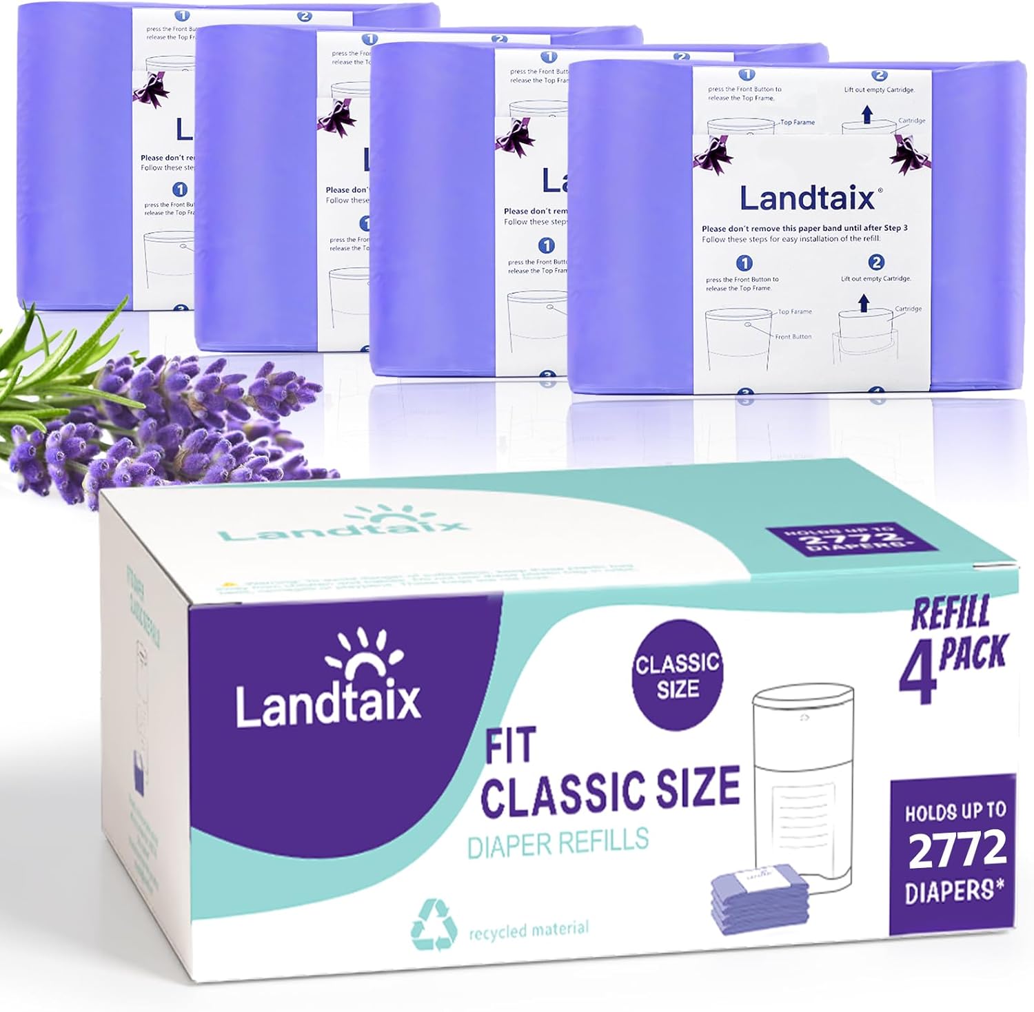 Landtaix Dekor Classic Diaper Pail Refills 4 Pack front packaging view showing lavender scent details.