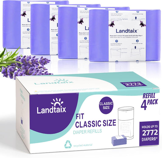 Landtaix Dekor Classic Diaper Pail Refills 4 Pack front packaging view showing lavender scent details.