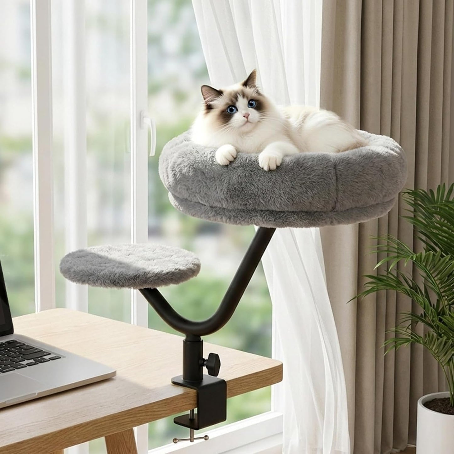 Cat Desk Bed - Sturdy Cat Bed for Desk with 360 degrees Rotating & Adjustable Height, Elevated Cats Nest Perch for Desk, Grey - Image 11