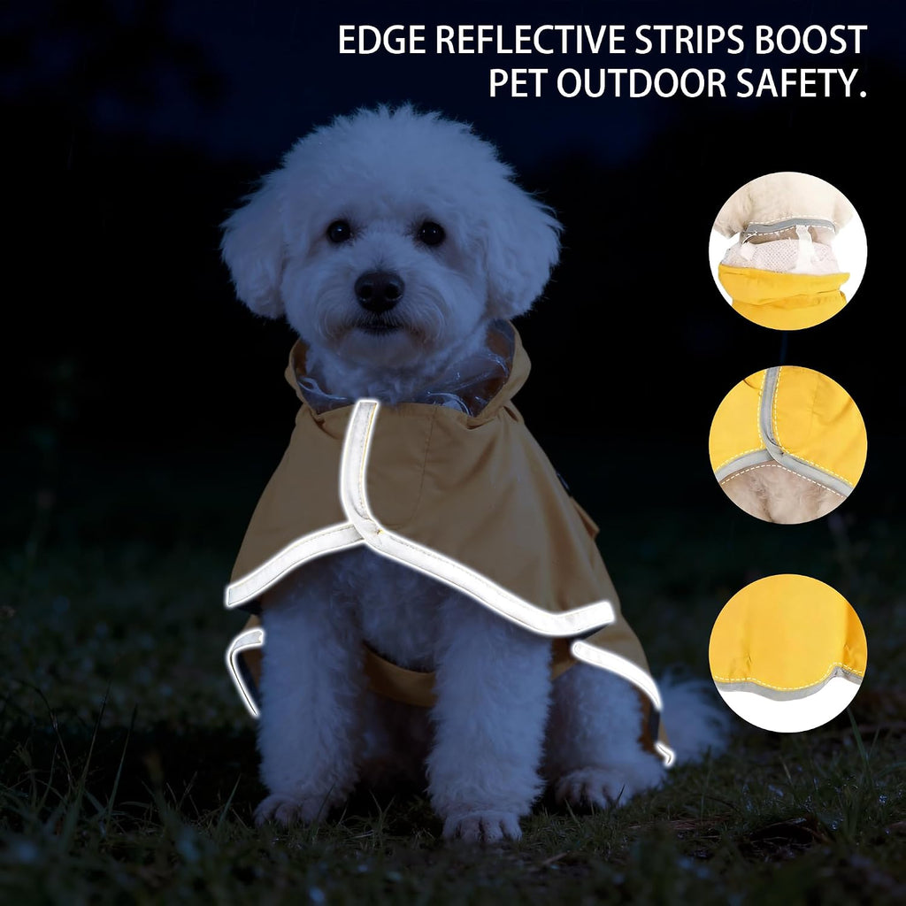 Reflective strip details on dog rain coat for night safety visibility