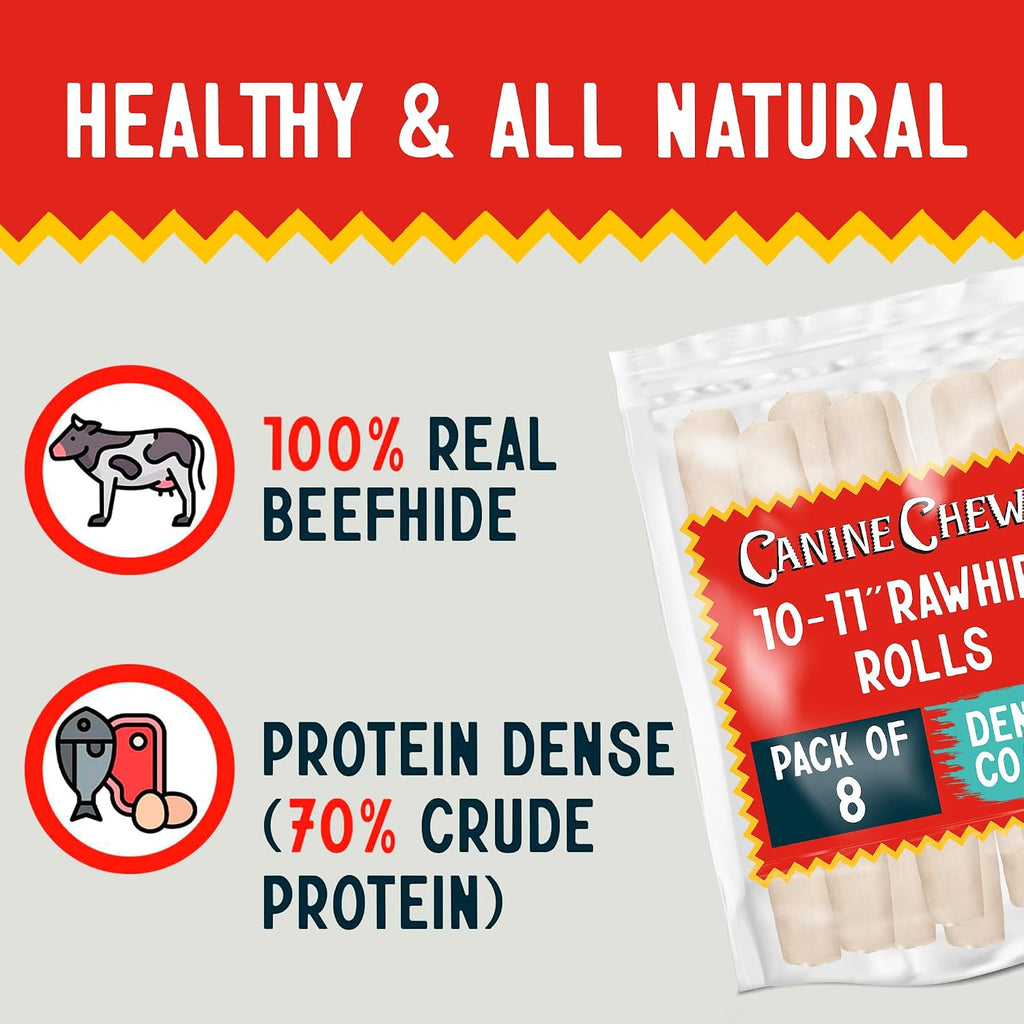 Canine Chews 10-11" Rawhide Bones for Large Dogs, Durable USA Beefhide Dog Rawhide Chews, Retriever Rolls 20 Pack (5 lbs) - Image 15