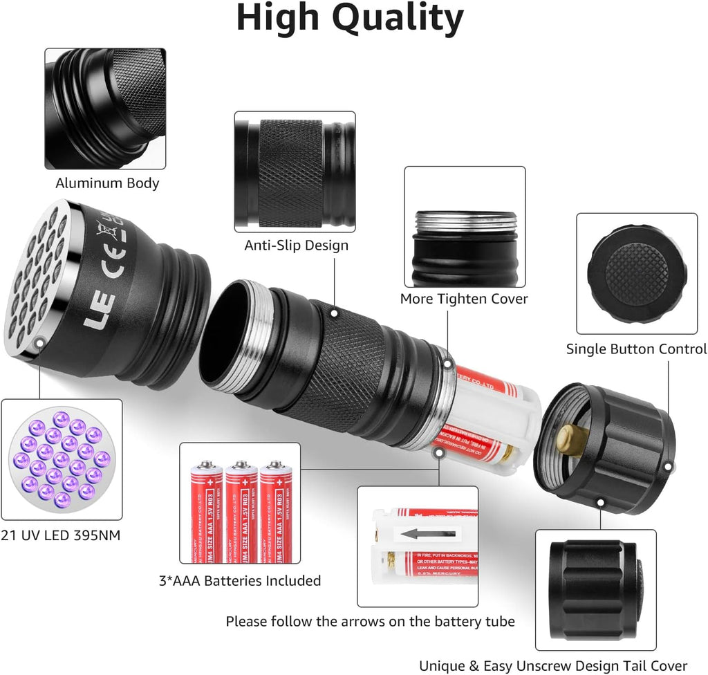LE Black Light Flashlight, Small UV Lights with 21 LEDs, 395nm, Ultraviolet Light Detector for Invisible Ink Pens, Pet Dog Cat Urine Stain and More, AAA Batteries Included - Image 9