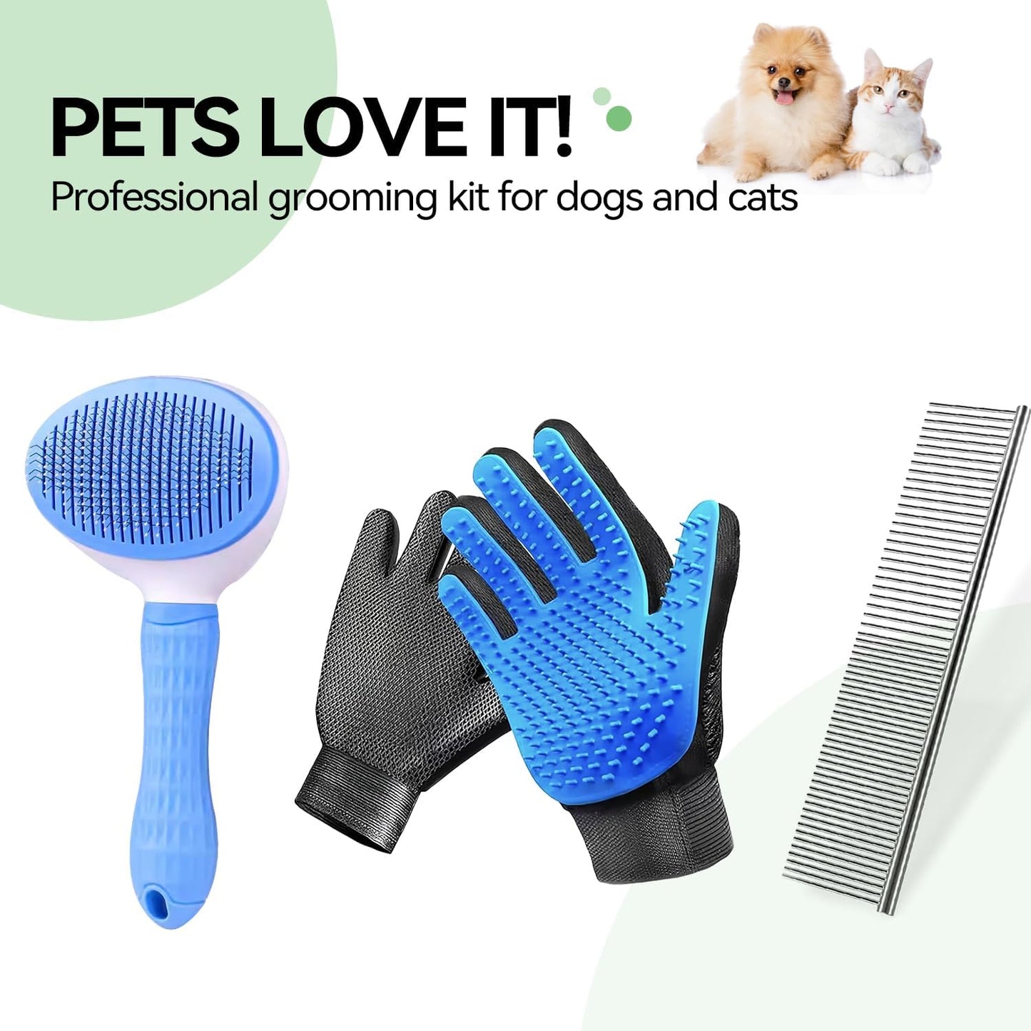 Dog & Cat Brush,Pet Grooming Kit 4PCS- Dog Brush for Shedding| A Pair Pet Hair Removal Gloves| Metal Comb for dog.Removes Undercoat, Tangled, Dirt and Massages. All hair Types - Image 9