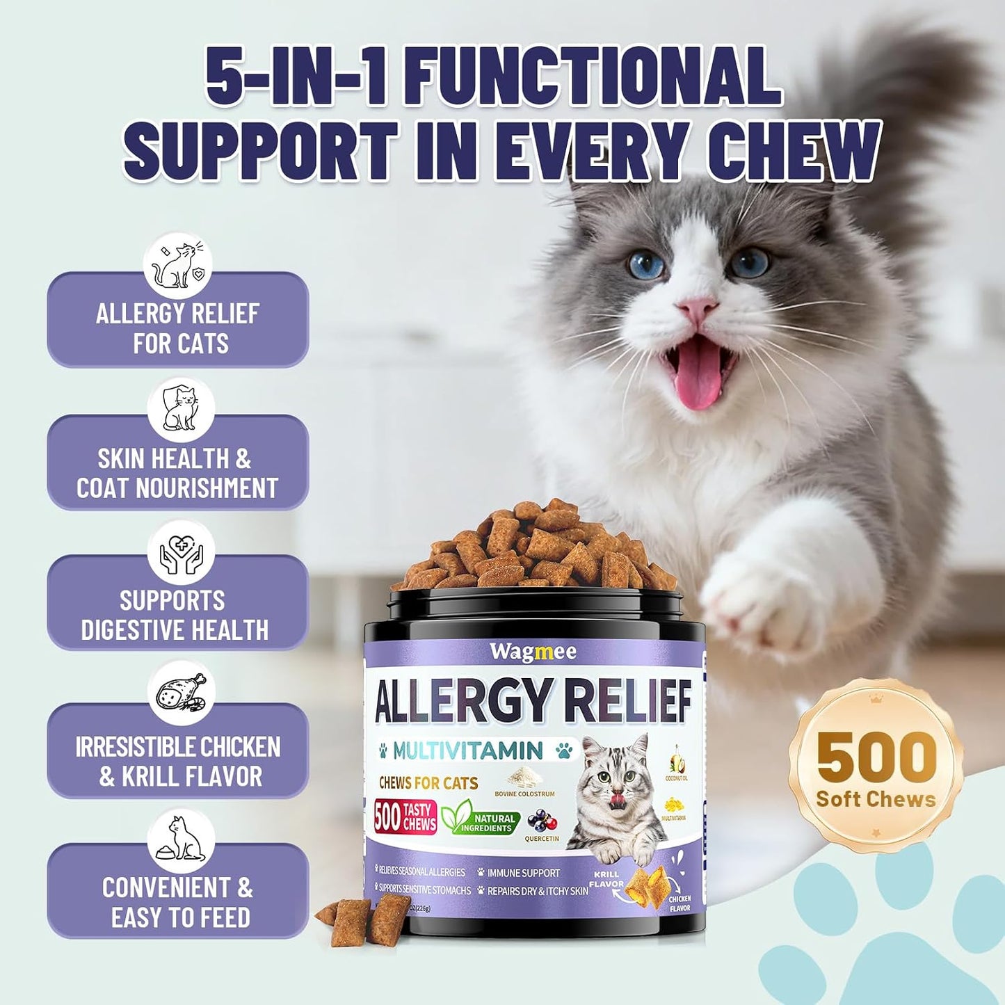 Back label details of PetSilver feline seasonal allergy supplement listing bovine colostrum and probiotics.