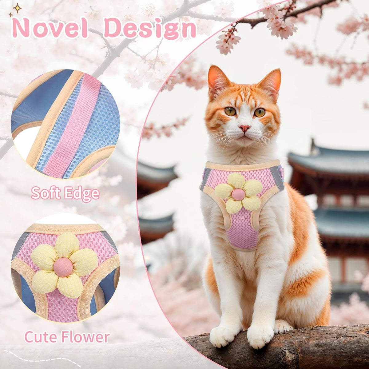 Adjustable kitten harness vest with reflective safety strips and secure quick-release buckle close up
