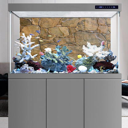 AWERT 3D stone texture backdrop applied to the back of a large freshwater fish tank